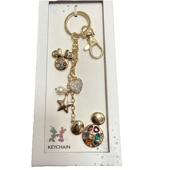 Disney Accessories - DISNEY Mickey & Minnie Mouse Bag Charm Keychain Gold Tone Colored Gems Star New
